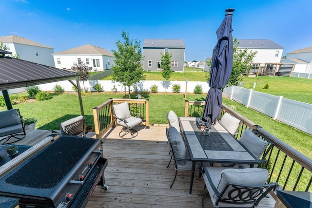 152 Natalie Ln, Granville, OH 43023 - wooden deck featuring a fenced backyard, a residential view, and outdoor dining space