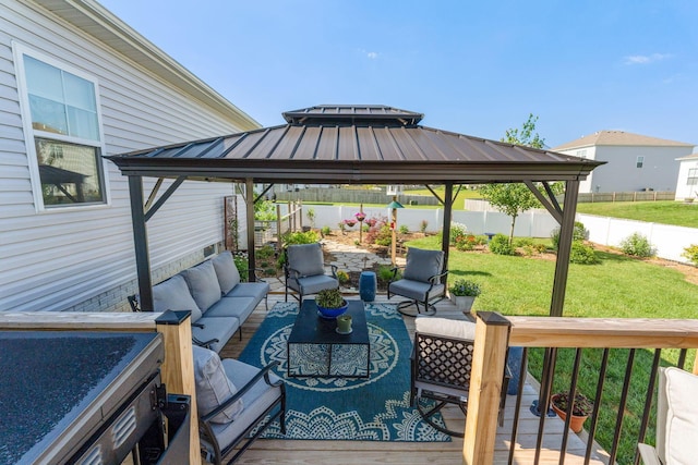 152 Natalie Ln, Granville, OH 43023 - wooden terrace featuring a gazebo, an outdoor living space, and a fenced backyard