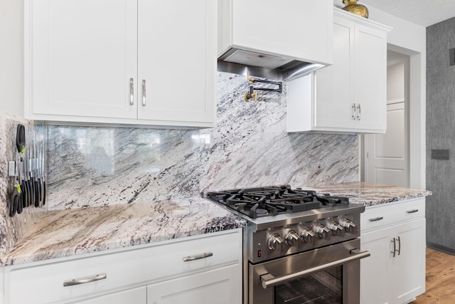152 Natalie Ln, Granville, OH 43023 - kitchen with high end stainless steel range oven, backsplash, white cabinets, and light stone countertops