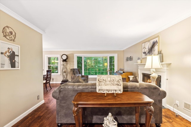 445 Hilltop Dr, Lancaster, OH 43130 - living room with crown molding, wood finished floors, and a warm lit fireplace