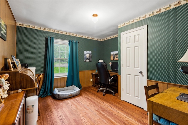 445 Hilltop Dr, Lancaster, OH 43130 - office area with a wainscoted wall, wood finished floors, wallpapered walls, and wooden walls