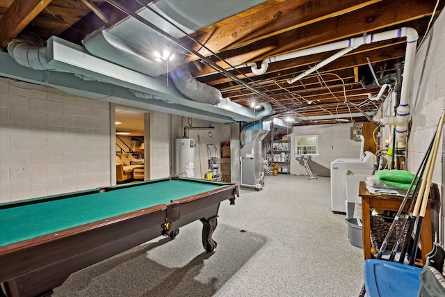 445 Hilltop Dr, Lancaster, OH 43130 - rec room with washing machine and clothes dryer, gas water heater, billiards table, heating unit, and speckled floor