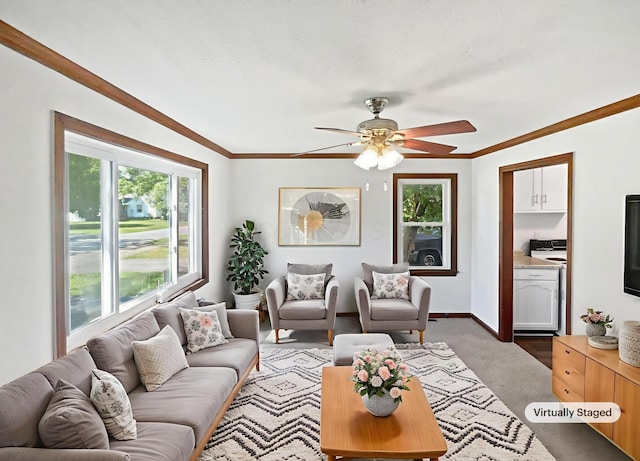 264 Lawrence Ave, Columbus, OH 43228 - carpeted living room featuring plenty of natural light, ceiling fan, and ornamental molding
