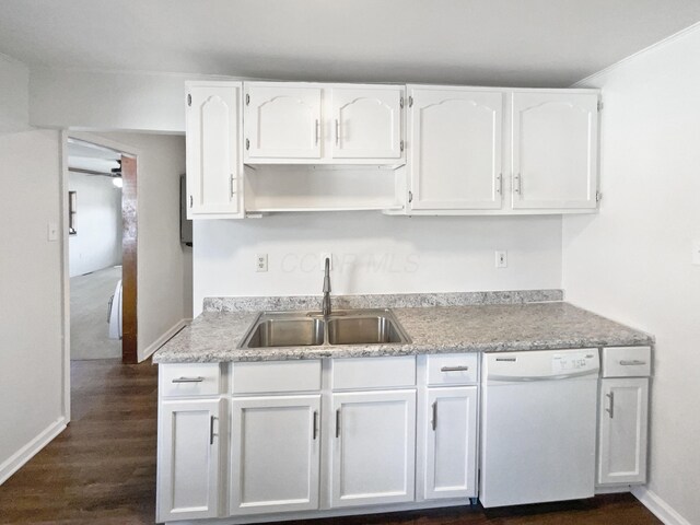 264 Lawrence Ave, Columbus, OH 43228 - kitchen featuring white dishwasher, white cabinetry, dark wood finished floors, and open shelves