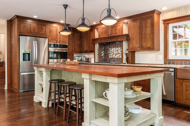 8622 Lott Rd, Marengo, OH 43334 - kitchen with butcher block counters, stainless steel appliances, open shelves, dark wood-style floors, and recessed lighting