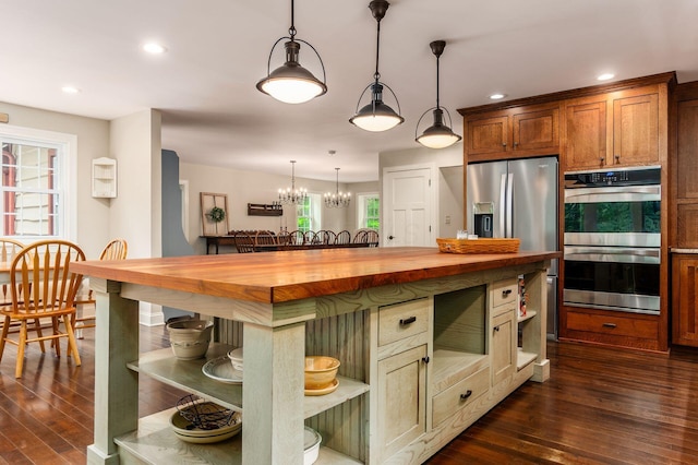 8622 Lott Rd, Marengo, OH 43334 - kitchen featuring open shelves, stainless steel appliances, butcher block counters, dark wood-style floors, and pendant lighting