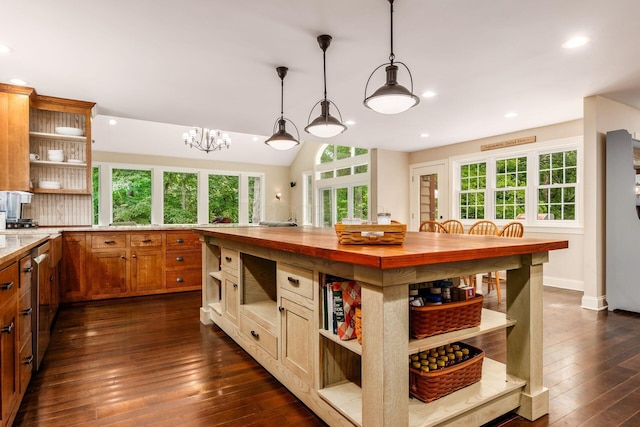 8622 Lott Rd, Marengo, OH 43334 - kitchen featuring open shelves, butcher block counters, dark wood-type flooring, hanging light fixtures, and recessed lighting