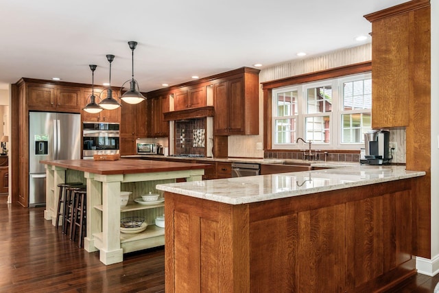 8622 Lott Rd, Marengo, OH 43334 - kitchen with stainless steel appliances, butcher block countertops, open shelves, backsplash, and recessed lighting