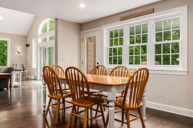 8622 Lott Rd, Marengo, OH 43334 - dining area featuring lofted ceiling, dark wood-type flooring, and recessed lighting