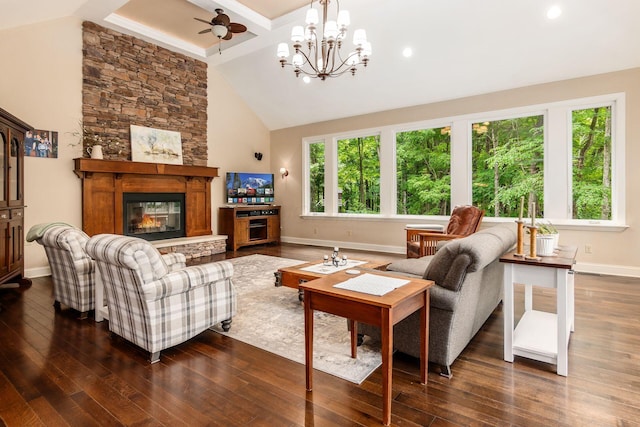 8622 Lott Rd, Marengo, OH 43334 - living area with a fireplace, dark wood-style floors, a chandelier, recessed lighting, and high vaulted ceiling