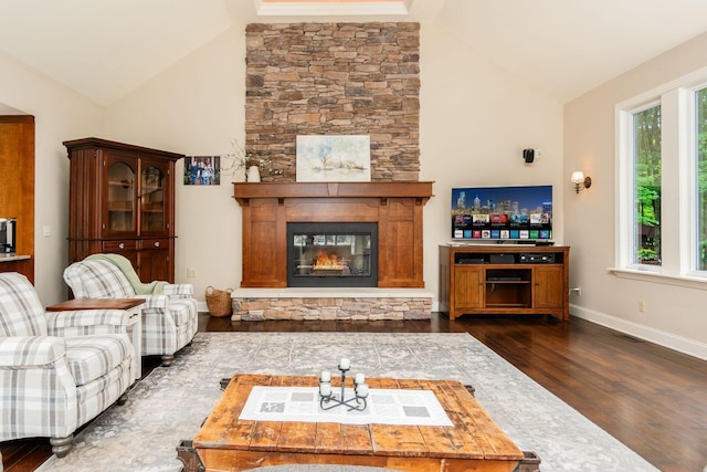 8622 Lott Rd, Marengo, OH 43334 - living area featuring vaulted ceiling, wood finished floors, and a stone fireplace