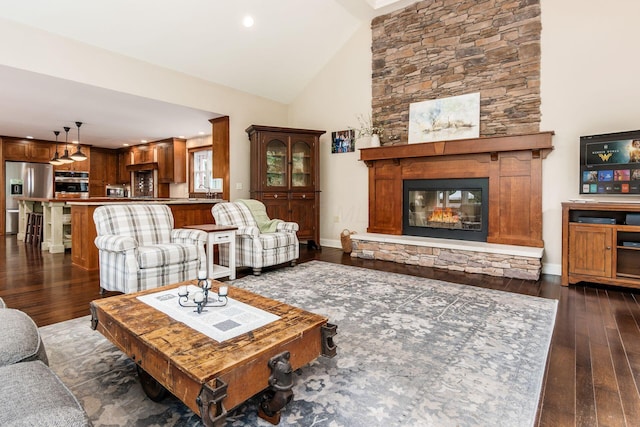 8622 Lott Rd, Marengo, OH 43334 - living area with a stone fireplace, dark wood-type flooring, recessed lighting, and high vaulted ceiling