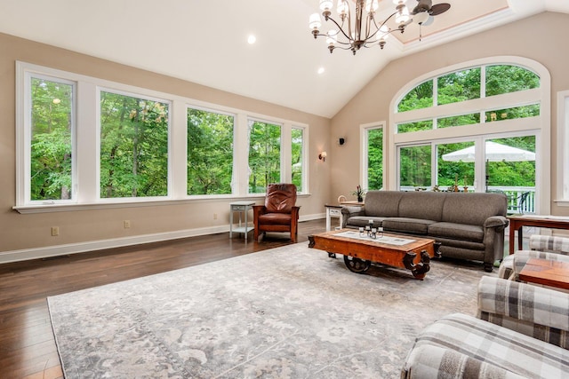 8622 Lott Rd, Marengo, OH 43334 - living room with a chandelier, hardwood / wood-style flooring, lofted ceiling, and recessed lighting