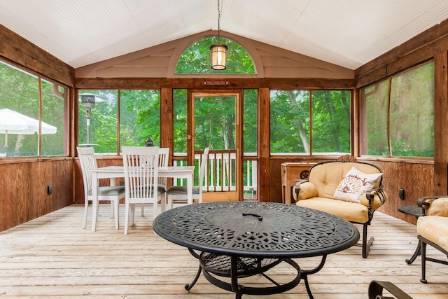 8622 Lott Rd, Marengo, OH 43334 - sunroom featuring hardwood / wood-style floors, lofted ceiling, a deck, and wood walls