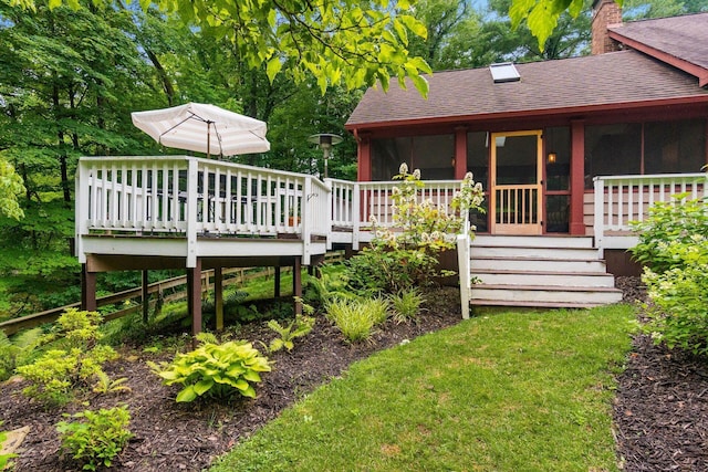 8622 Lott Rd, Marengo, OH 43334 - rear view of property with roof with shingles, a chimney, a sunroom, and a deck