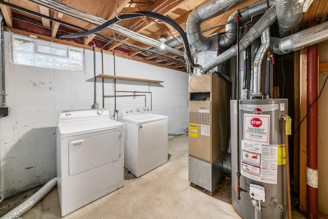 884 Annagladys Dr Unit F2, Columbus, OH 43085 - laundry room with gas water heater, separate washer and dryer, concrete block wall, and heating unit