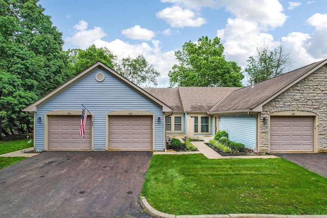 154 Oak Creek Pl, Columbus, OH 43230 - single story home featuring stone siding, a front lawn, and a shingled roof