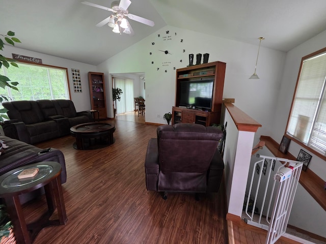 1919 Jared Pl, Lima, OH 45805 - living area featuring dark wood finished floors, a ceiling fan, and high vaulted ceiling