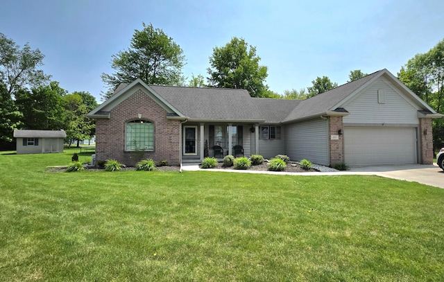 1919 Jared Pl, Lima, OH 45805 - ranch-style house with brick siding, an attached garage, a front lawn, driveway, and a porch