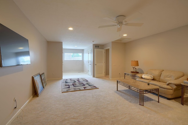1013 Bluff Crest Dr, Columbus, OH 43235 - living room with recessed lighting, ceiling fan, and light carpet