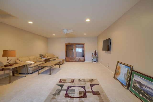 1013 Bluff Crest Dr, Columbus, OH 43235 - living area featuring light carpet, recessed lighting, and ceiling fan