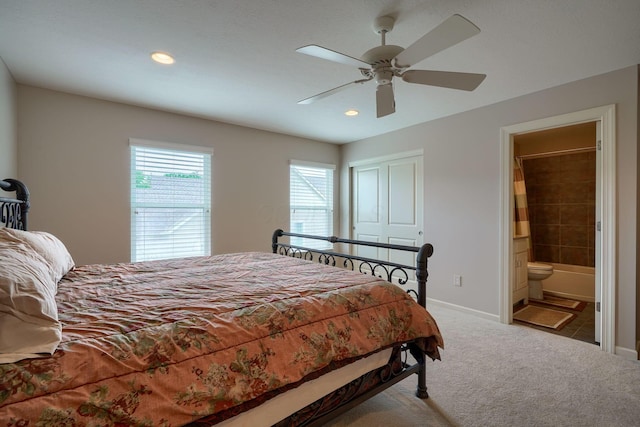 1013 Bluff Crest Dr, Columbus, OH 43235 - bedroom featuring carpet flooring, recessed lighting, connected bathroom, and ceiling fan