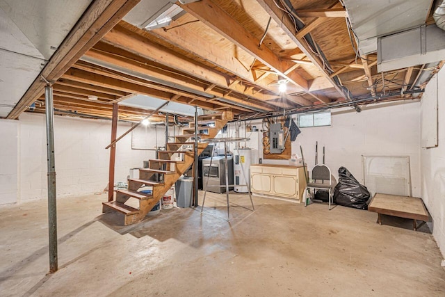 7472 Davis Rd, Hilliard, OH 43026 - basement featuring electric panel, water heater, washing machine and dryer, stairs, and concrete block wall