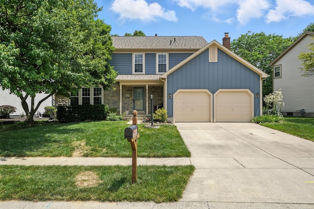526 Springwood Lake Dr, Columbus, OH 43230 - traditional-style home with board and batten siding, an attached garage, a front yard, concrete driveway, and a chimney