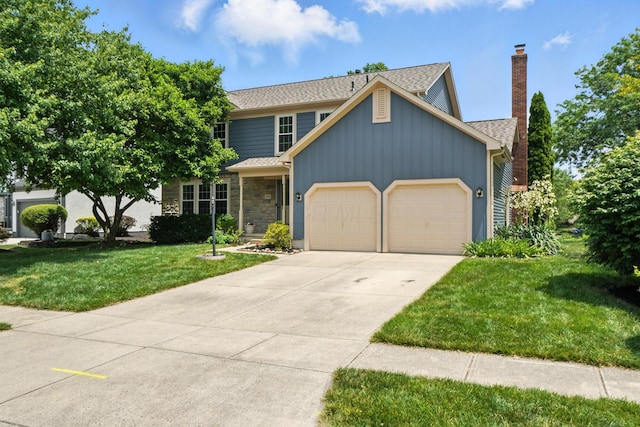 526 Springwood Lake Dr, Columbus, OH 43230 - traditional home featuring a garage, a front lawn, a chimney, driveway, and roof with shingles