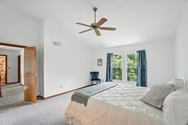 526 Springwood Lake Dr, Columbus, OH 43230 - bedroom featuring carpet flooring, lofted ceiling, ceiling fan, and a textured ceiling