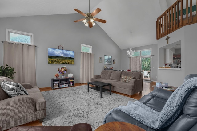 1691 Cloverdale Dr, Lancaster, OH 43130 - living area featuring high vaulted ceiling, a chandelier, ceiling fan, and wood finished floors