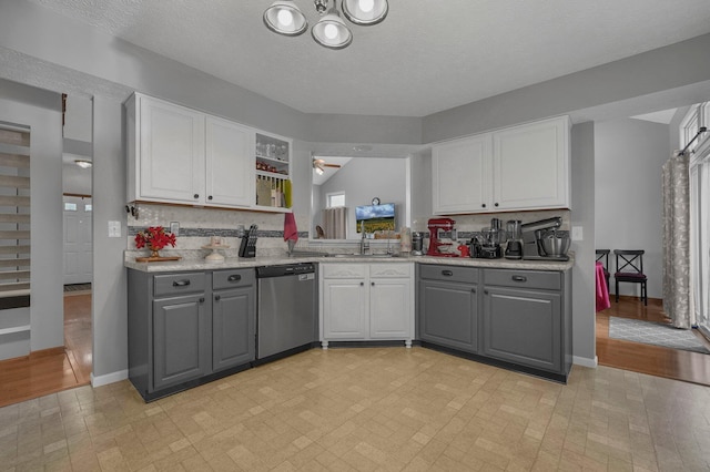 1691 Cloverdale Dr, Lancaster, OH 43130 - kitchen featuring stainless steel dishwasher, gray cabinetry, white cabinetry, open shelves, and a textured ceiling