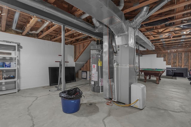 1691 Cloverdale Dr, Lancaster, OH 43130 - unfinished basement featuring water heater, billiards, stairway, and heating unit