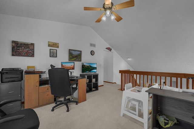 1691 Cloverdale Dr, Lancaster, OH 43130 - office featuring a ceiling fan, lofted ceiling, and light colored carpet