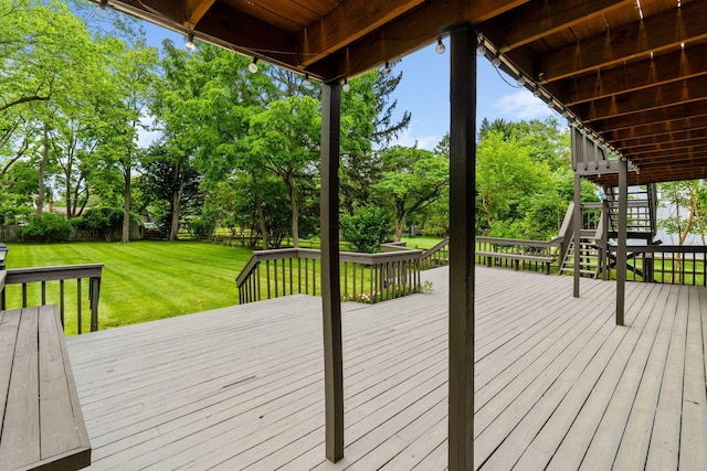 1054 Highland Dr, Columbus, OH 43220 - wooden terrace with stairway, view of scattered trees, and a fenced backyard