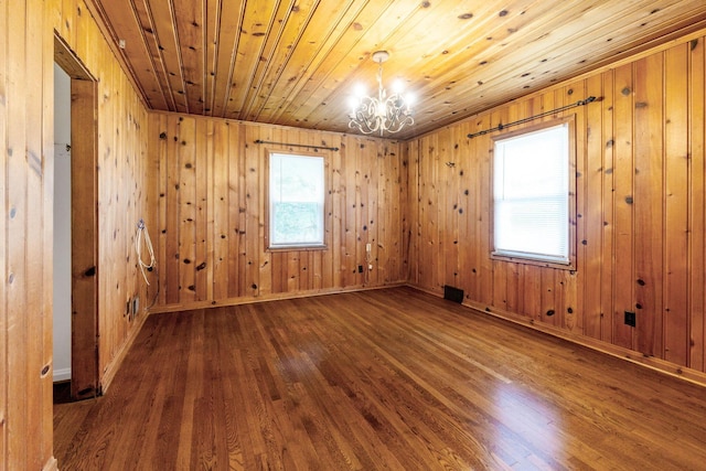 1054 Highland Dr, Columbus, OH 43220 - empty room with wood finished floors, a chandelier, wood ceiling, and wooden walls