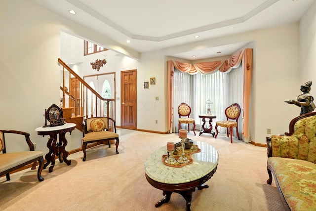 1515 Oak Run Ct, Mansfield, OH 44906 - sitting room with light colored carpet, recessed lighting, stairway, crown molding, and a raised ceiling