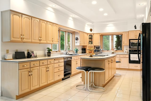 1515 Oak Run Ct, Mansfield, OH 44906 - kitchen with black appliances, light brown cabinetry, healthy amount of natural light, and recessed lighting