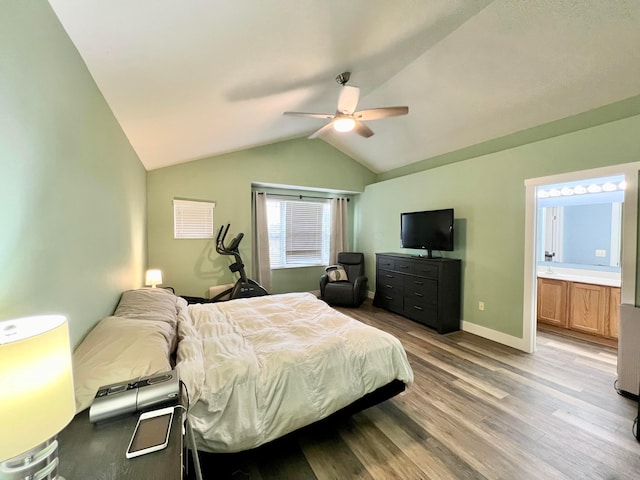 6871 Manor Crest Ln, Canal Winchester, OH 43110 - bedroom featuring light wood-style floors, vaulted ceiling, a ceiling fan, and ensuite bathroom