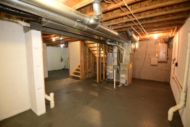 3565 Motts Place Ct, Canal Winchester, OH 43110 - unfinished basement featuring heating unit, electric panel, stairway, gas water heater, and concrete block wall
