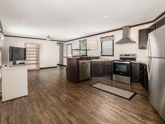 10610 E State Route 762 Unit 74B, Lockbourne, OH 43137 - kitchen with wall chimney exhaust hood, stainless steel appliances, crown molding, dark brown cabinetry, and dark wood-style floors