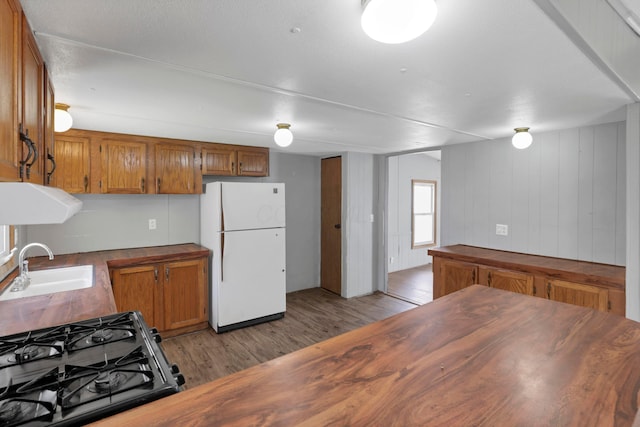 264 Timberline Dr, Circleville, OH 43113 - kitchen with freestanding refrigerator, wood counters, brown cabinetry, light wood-type flooring, and extractor fan