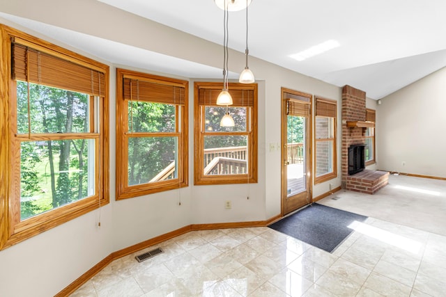 4775 Saint Andrews Dr, Westerville, OH 43082 - entryway featuring lofted ceiling and a brick fireplace