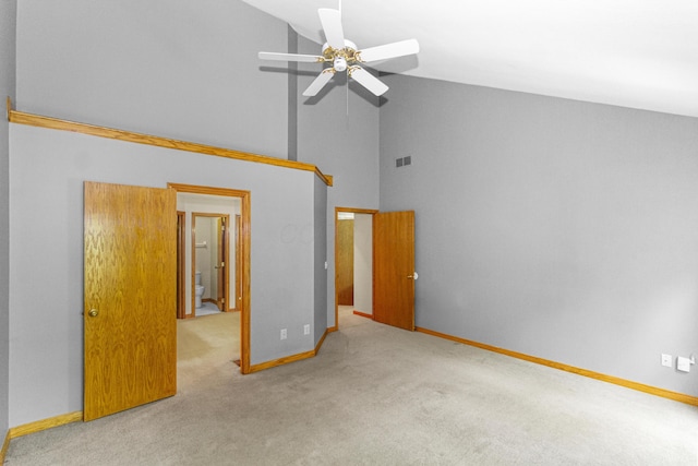 4775 Saint Andrews Dr, Westerville, OH 43082 - unfurnished bedroom featuring high vaulted ceiling, carpet floors, and ceiling fan