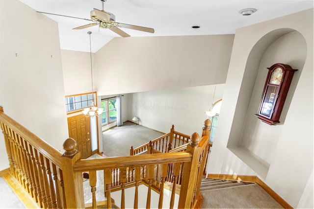 4775 Saint Andrews Dr, Westerville, OH 43082 - stairs featuring carpet floors, ceiling fan, and high vaulted ceiling