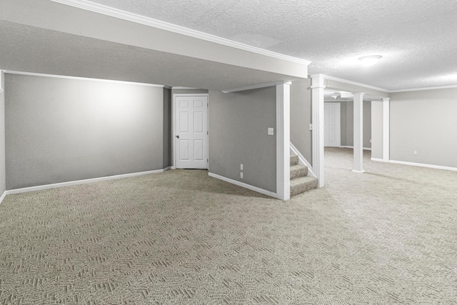 4775 Saint Andrews Dr, Westerville, OH 43082 - finished below grade area with a textured ceiling, ornamental molding, stairway, and carpet