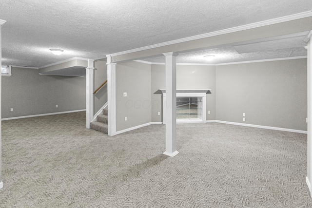 4775 Saint Andrews Dr, Westerville, OH 43082 - finished basement with a textured ceiling, carpet floors, ornamental molding, and stairs