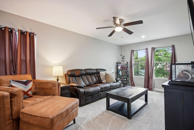 1366 Cole St, Columbus, OH 43205 - living area featuring light colored carpet, ceiling fan, and recessed lighting