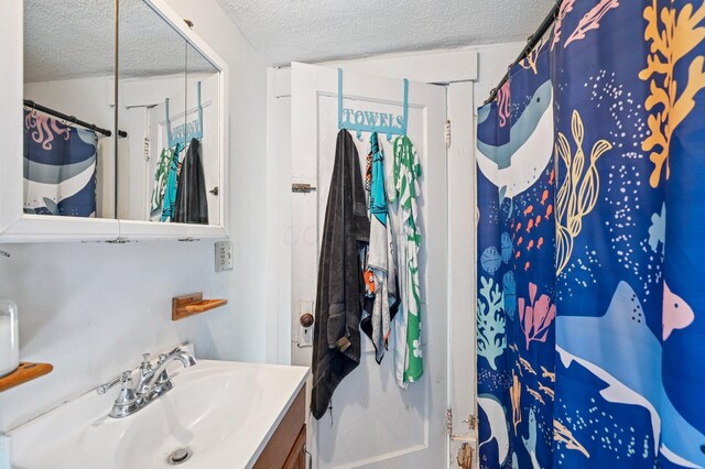 67 W Columbus St, Mount Sterling, OH 43143 - bathroom featuring a textured ceiling, vanity, and curtained shower