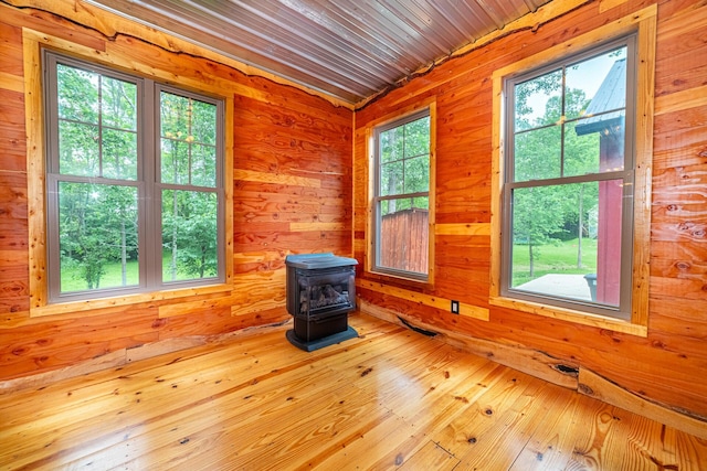 7326 State Route 19 Unit 8, Lots 255-257, Mount Gilead, OH 43338 - spare room with a wood stove and wooden walls